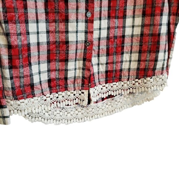 Shyanne Red Flannel Plaid Button Up with Crochet Lace Trim - Picture 6 of 14